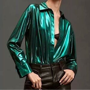 Anthropologie Emerald Green Satin Women's Top